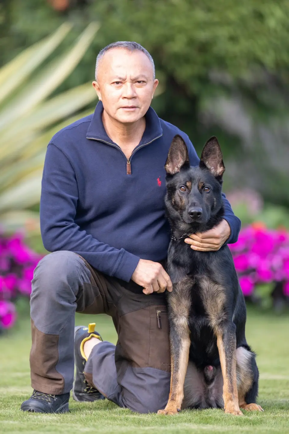 黃德光老師與德國狼犬在花園草地